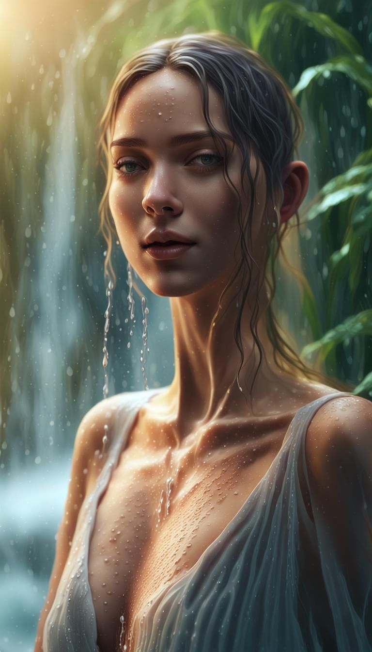 Woman in Waterfall: Hyper-Realistic Digital Art