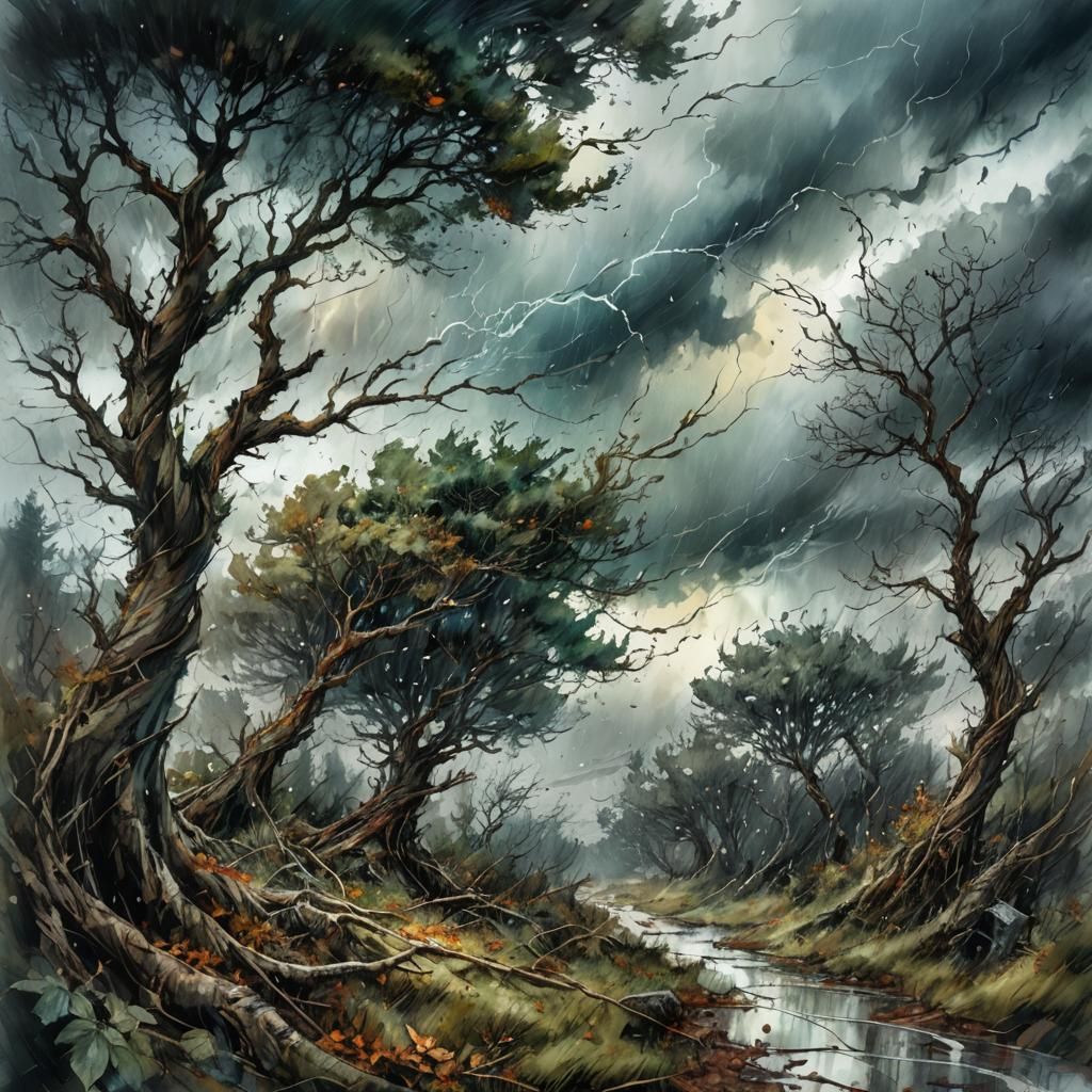 Stormy Trees: A Watercolor Art Masterpiece