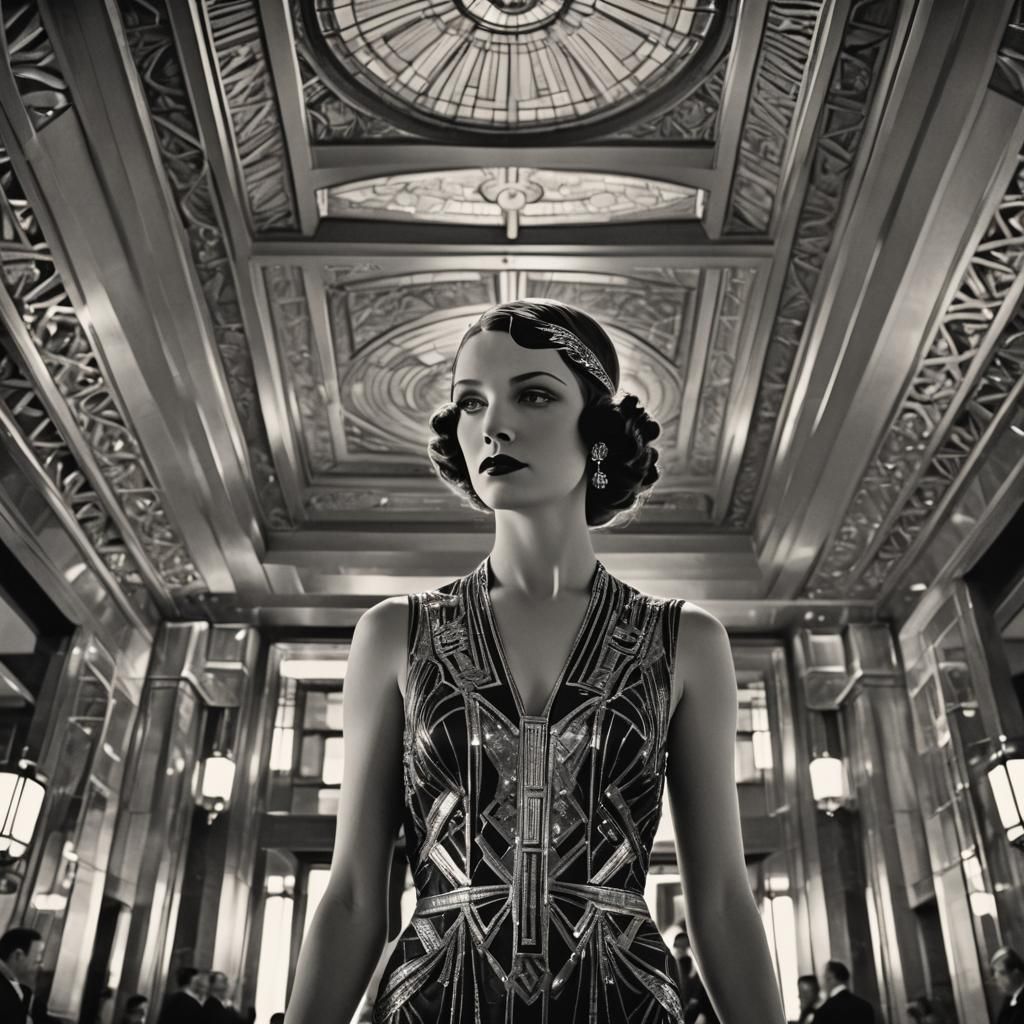 Art Deco Flapper Girl in Luxurious Lobby
