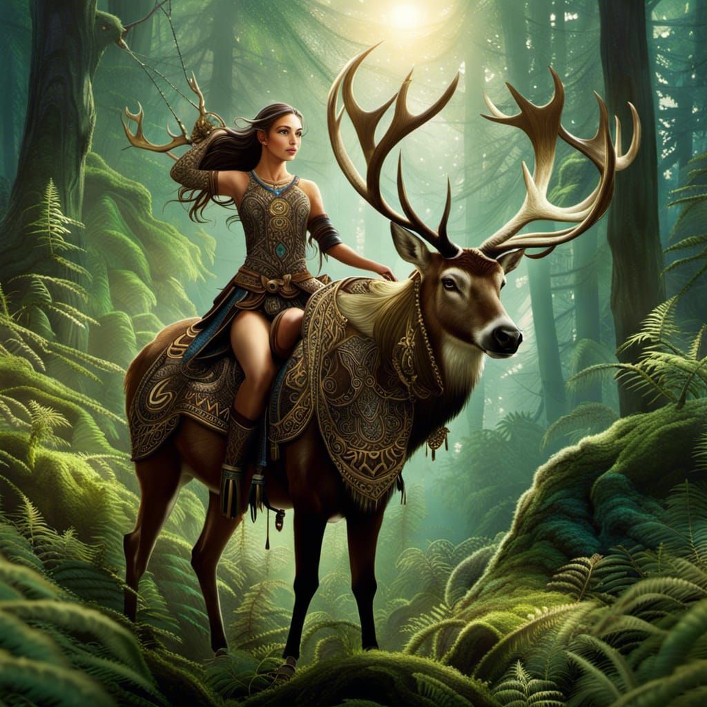 Goddess Riding Caribou in Enchanted Forest