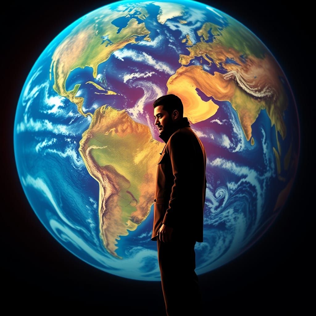 Introspective Figure Gazing at Hyperrealistic Globe in 3D