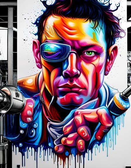 Cyborg Bartender Graffiti Art in Street Style