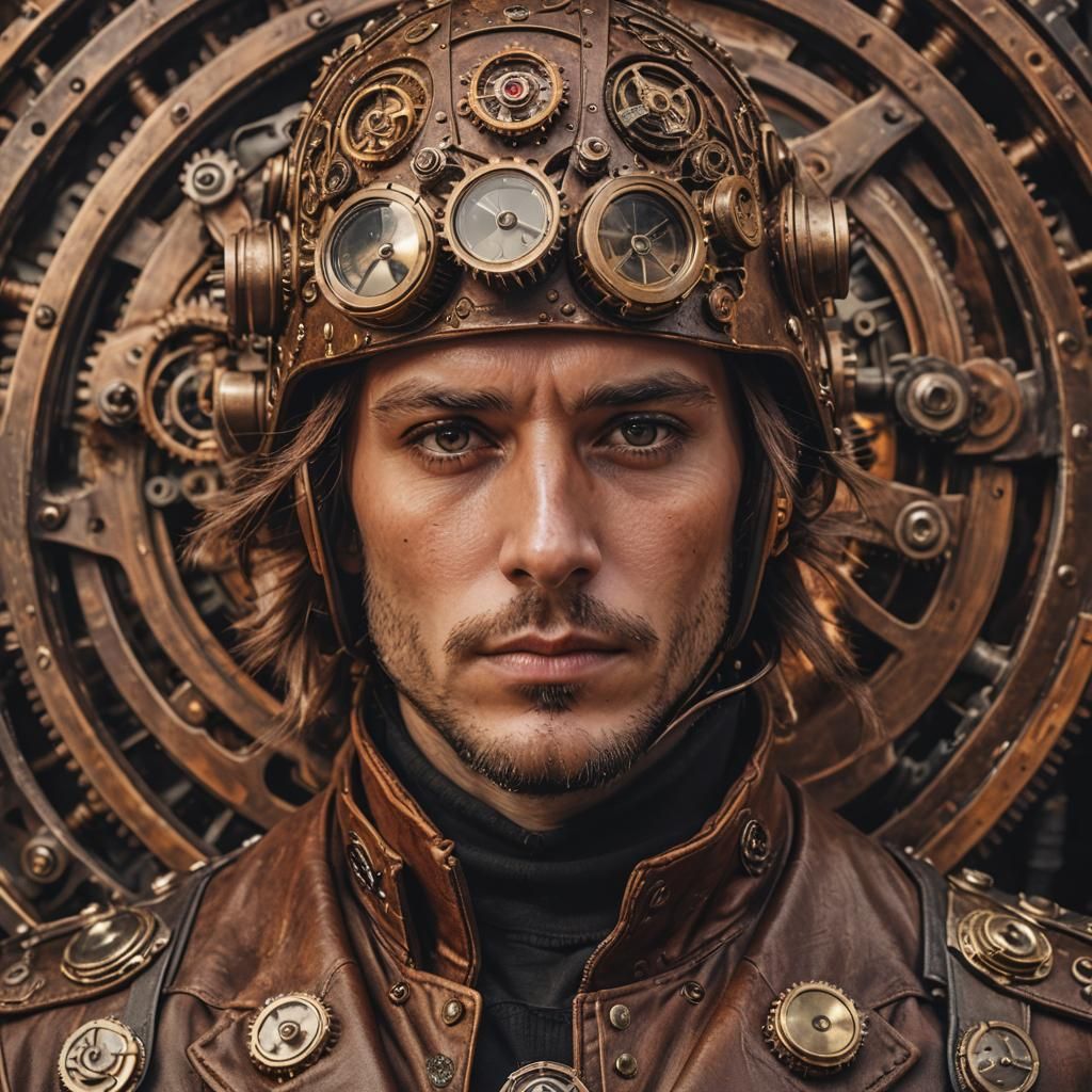 Steampunk Portrait with Bronze Helmet in Cinematic Lighting