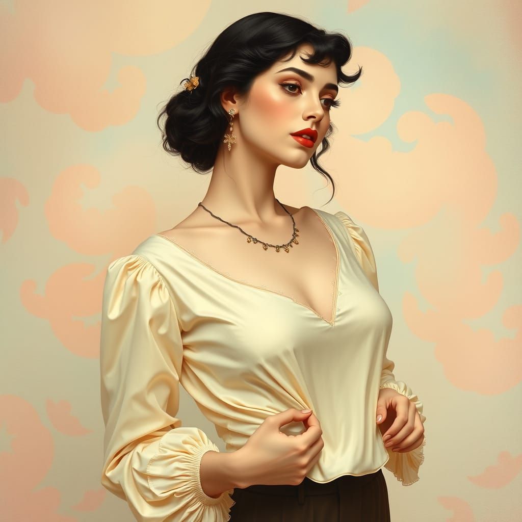 Elegant Woman Lifting Her Blouse in an Art Nouveau Whimsy