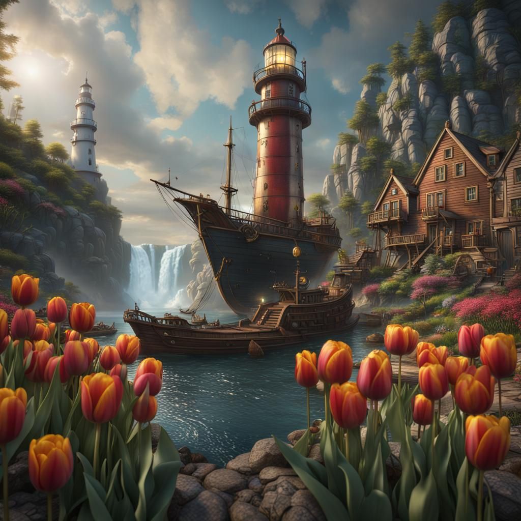 Fantastical Scene with Tulips, Cats, and Pirates