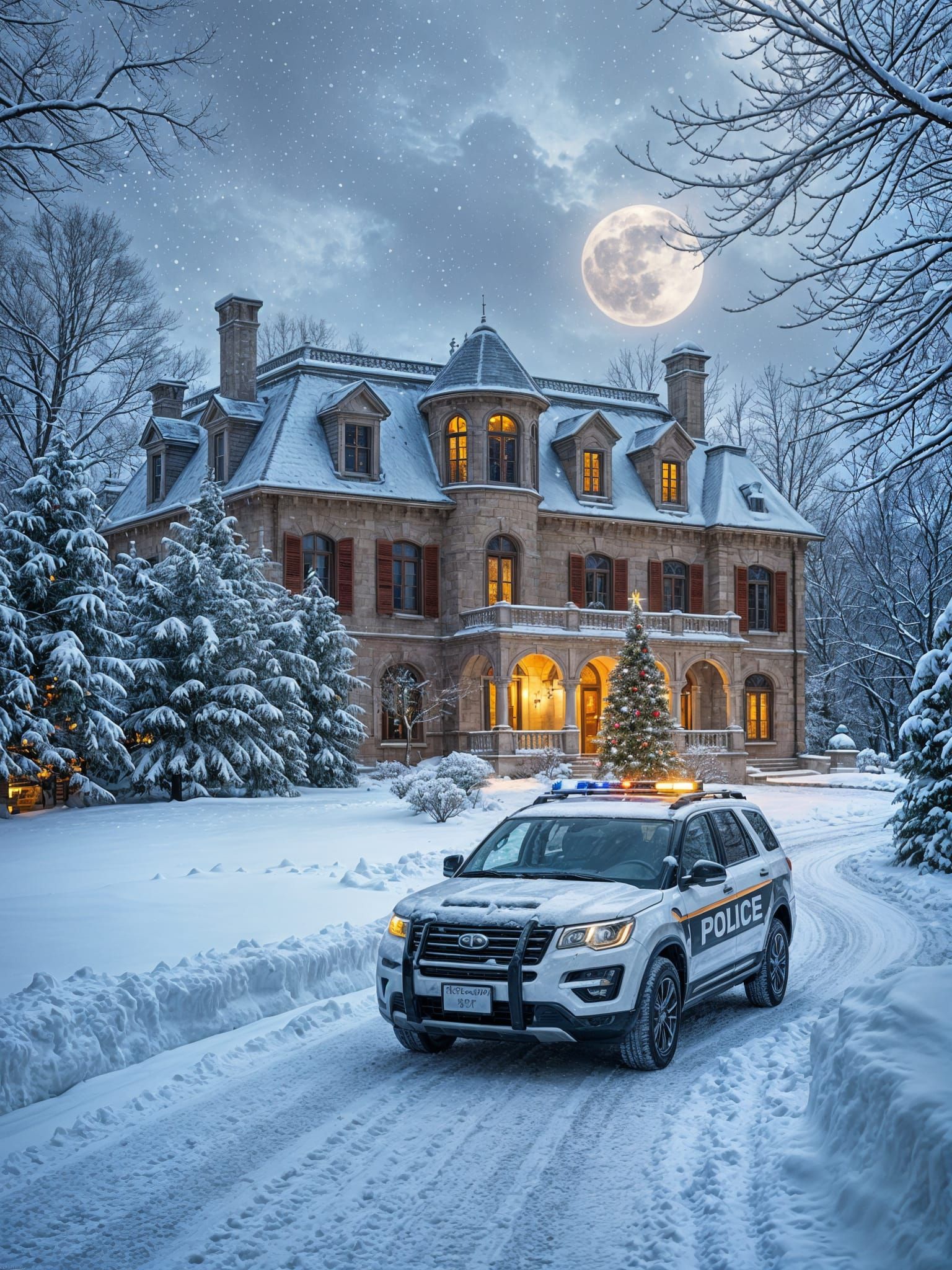 Elegant French Chateau in Snowy Winter Wonderland