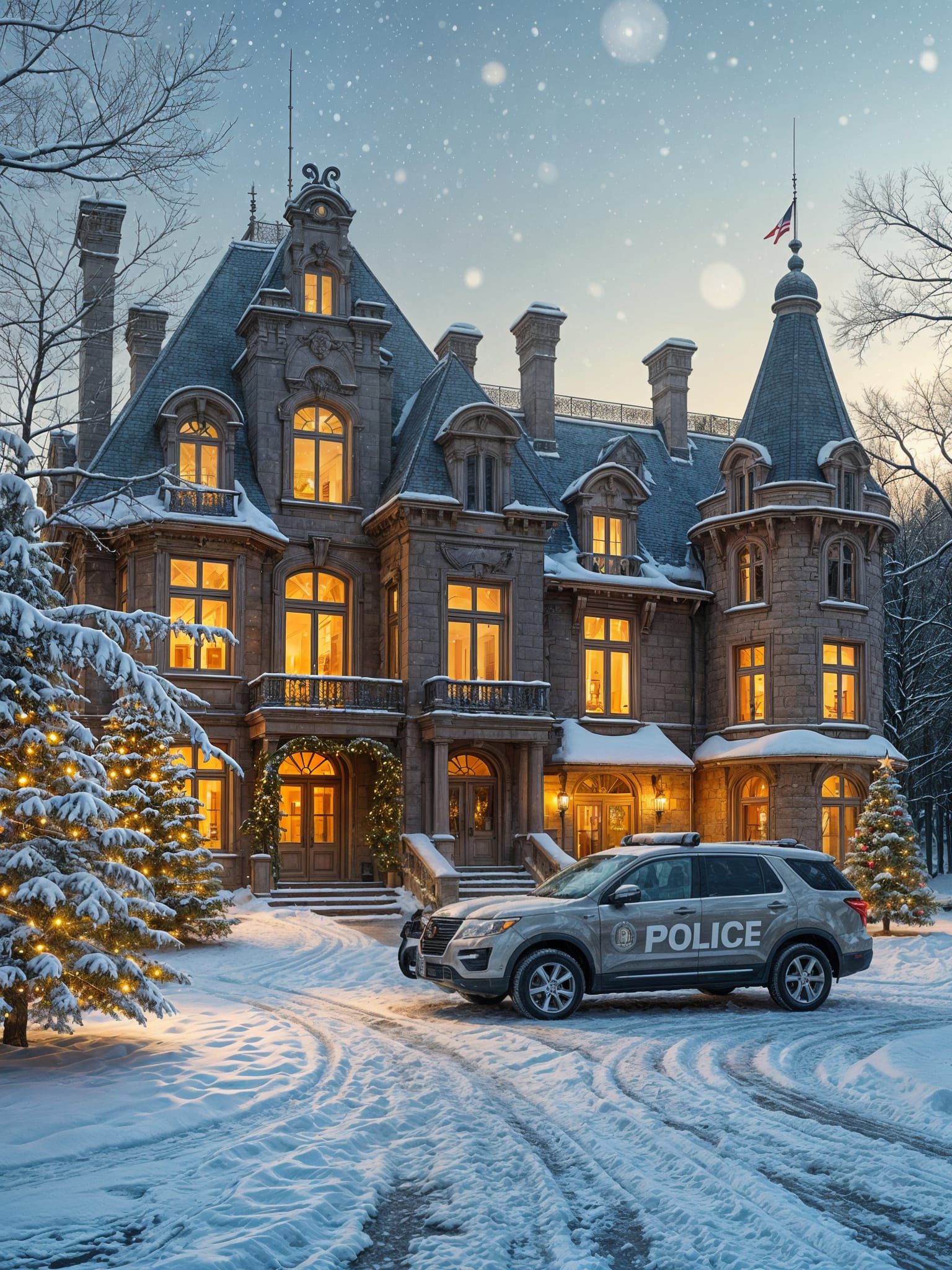 Winter Chateau in Snowy French Countryside with Police Prese...