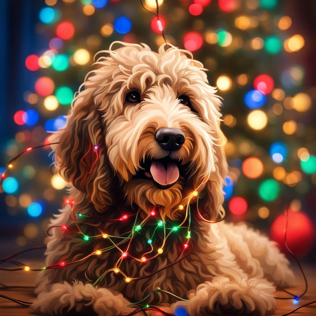 Golden Doodle in Christmas Lights, Hyperrealistic Digital Ar...