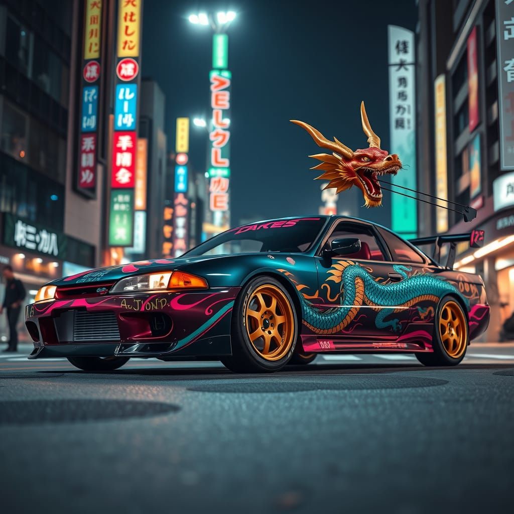 Anime-Style Dragon Car Under Tokyo Neon Lights