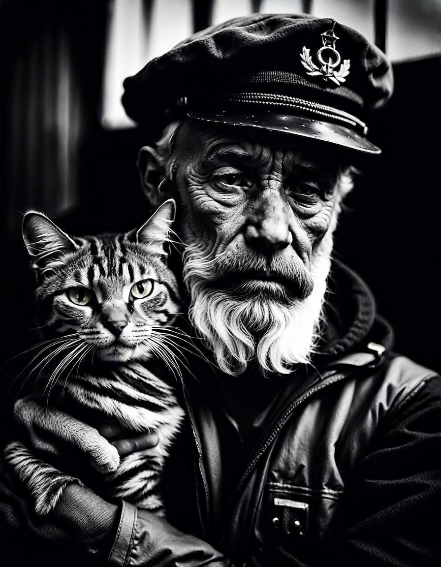 Weathered Sailor Holds Slumbering Tabby Cat in His Arms