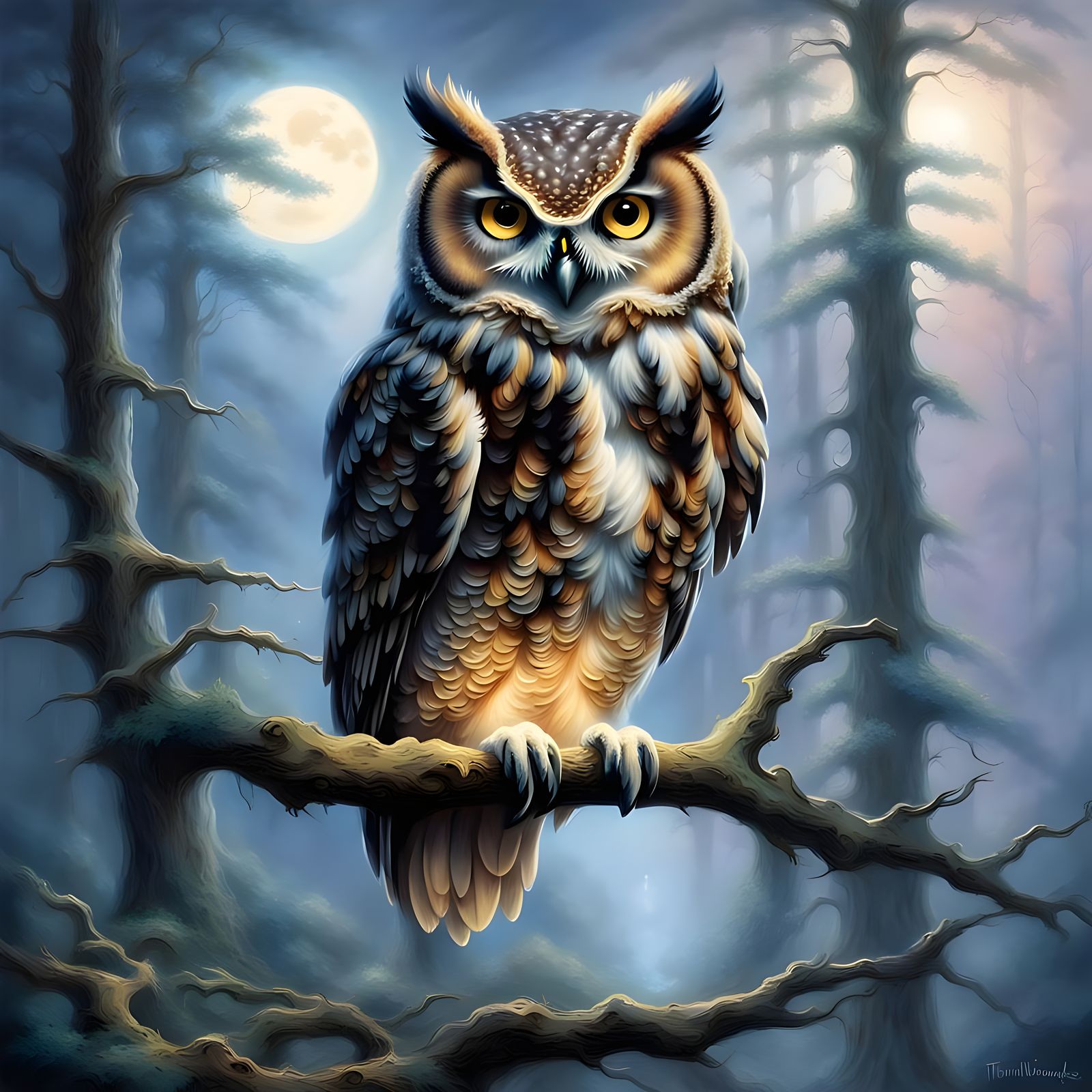 Ethereal Owl in Moonlight Forest, Kinkade Style