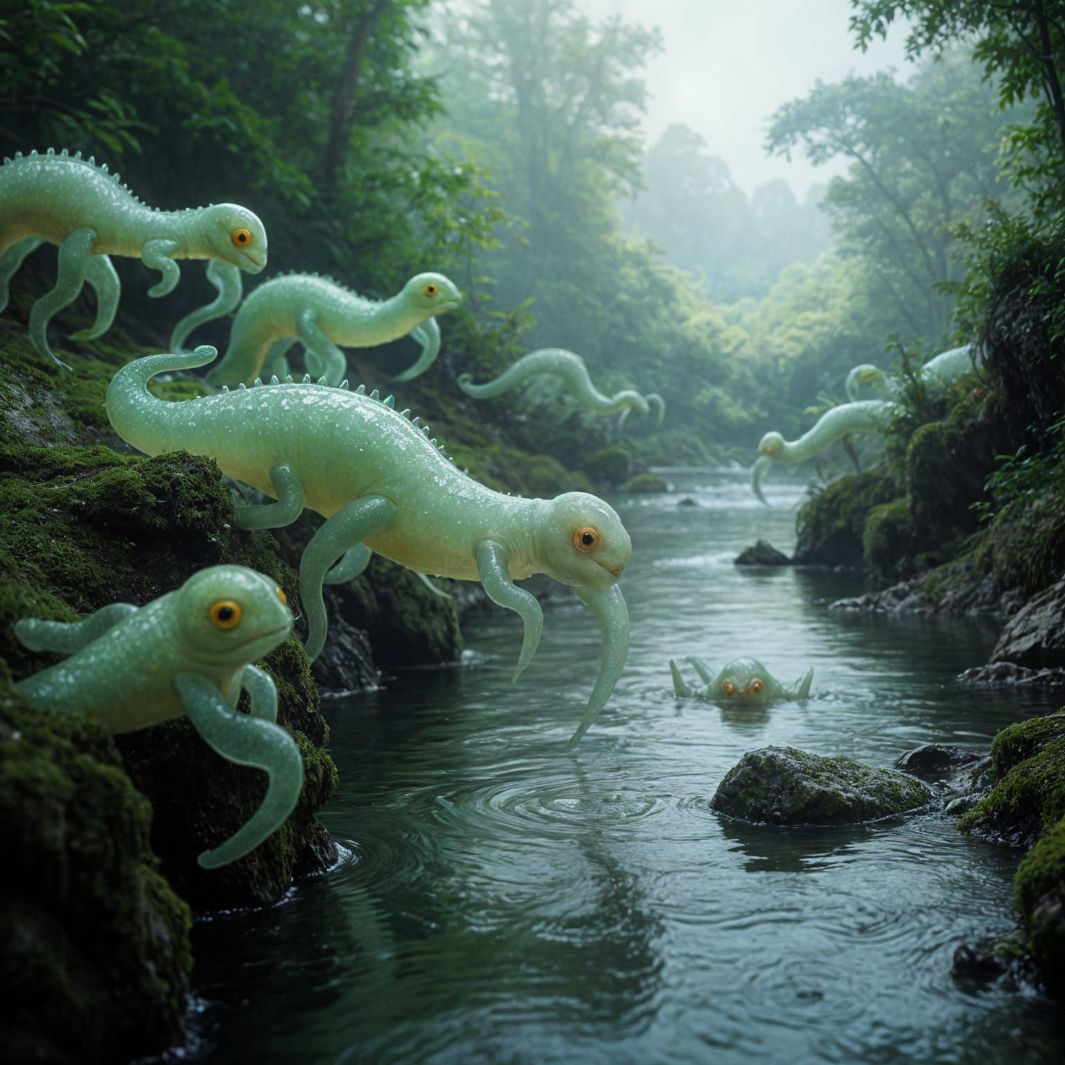 Translucent Organisms in Misty Forest: Hyperrealistic Render