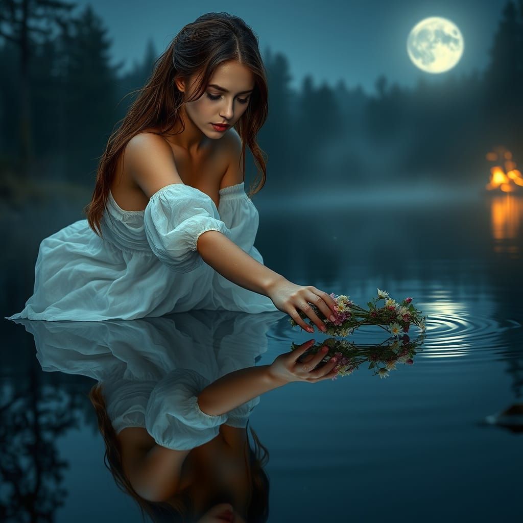 Ethereal Slavic Woman by Moonlit River