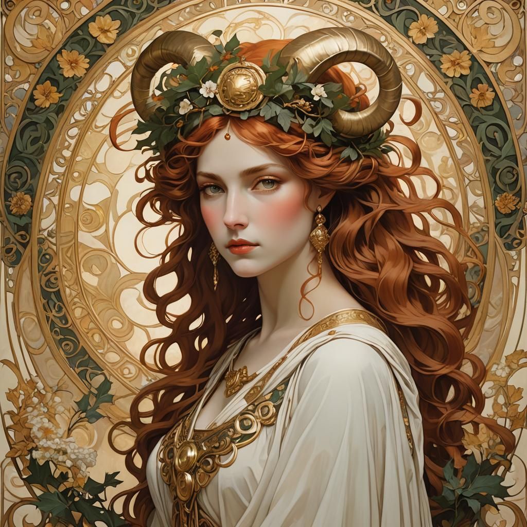 Art Nouveau Aries Woman in Mucha Style