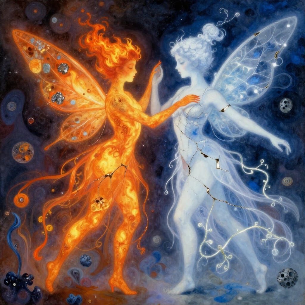 Fire and Snow Fairies Dance on Fractured Porcelain Surface
