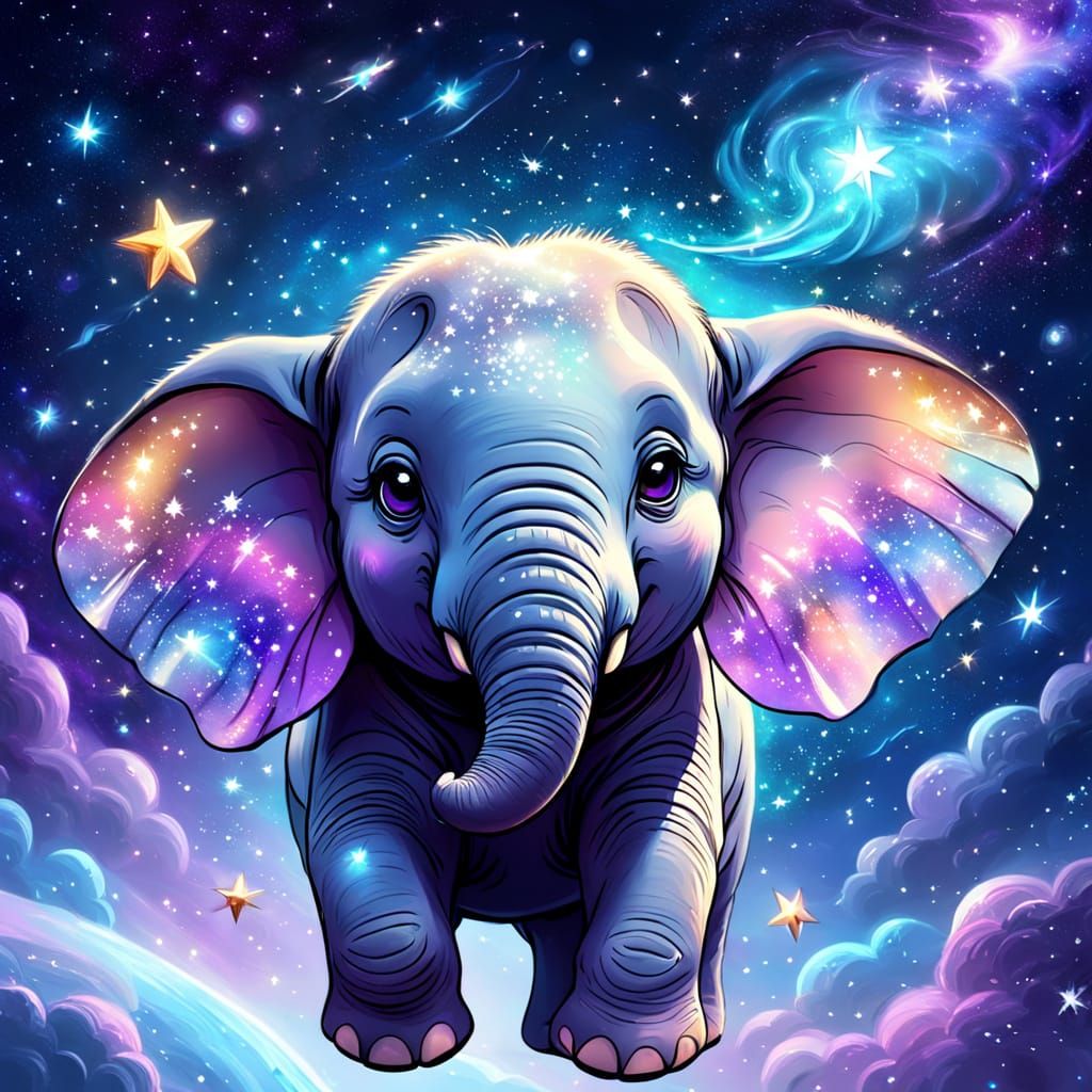 Whimsical Elephant Flies Through Starry Galaxy