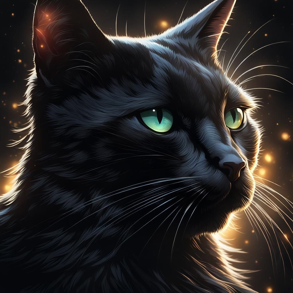 Portrait of a black cat looking left against a black background, whiskers and eyes of the cat are illuminated by a white...