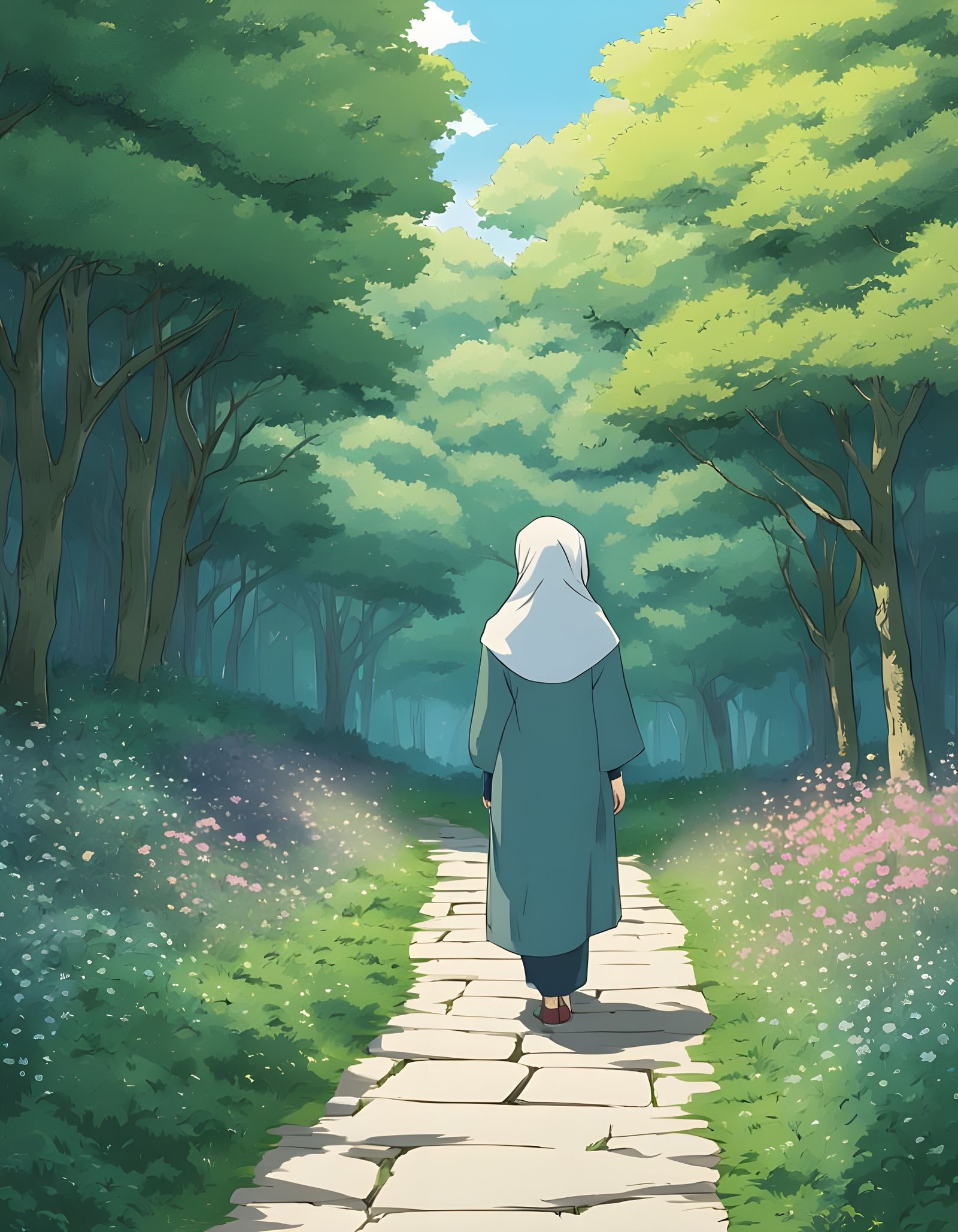 Serene Forest Path in Vibrant Anime Style