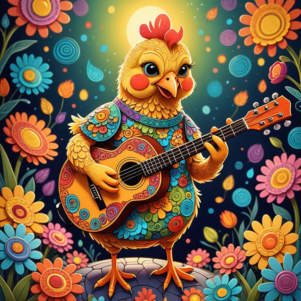 Whimsical Chick Serenades Mother Hen in Vibrant Colors