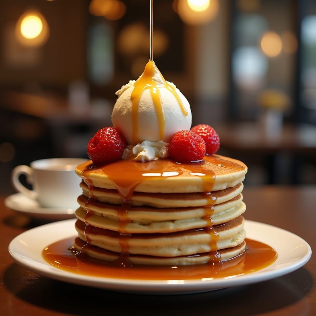 Pancake Stack with Syrup, Ice Cream, and Coffee