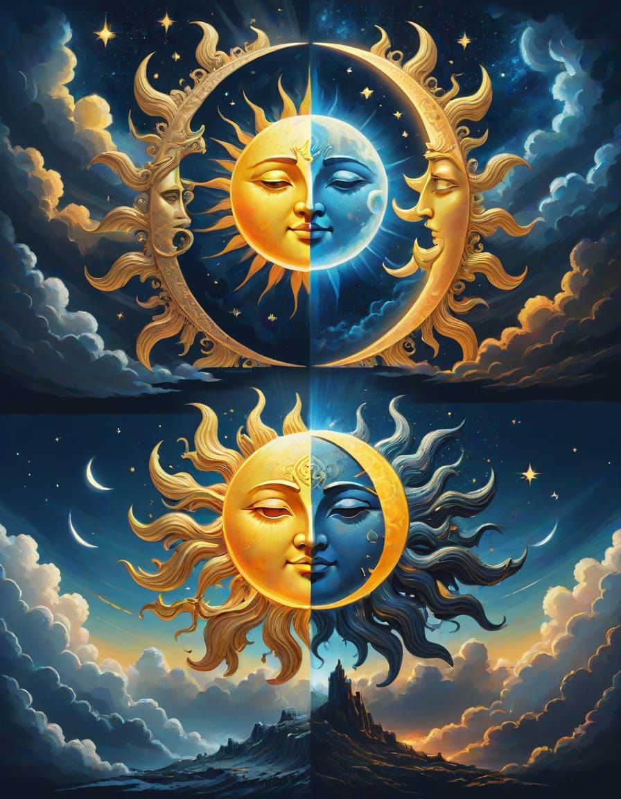 Sun and Moon Split Screen in Vibrant Oil Painting Style