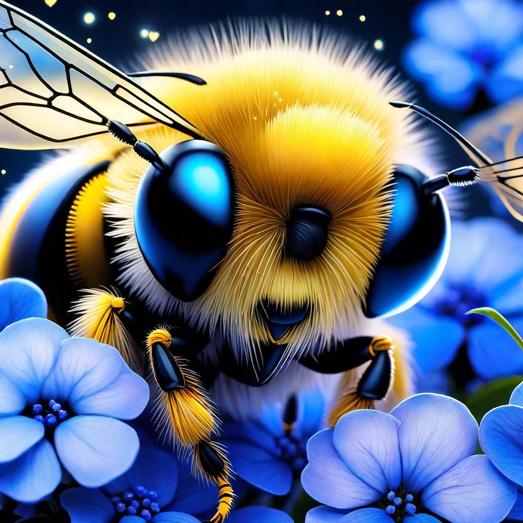 Chibi Bee Constellation on Bioluminescent Hydrangea Garden