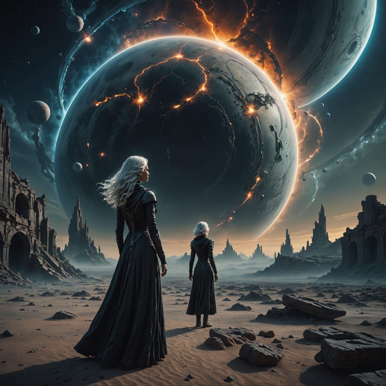 Ethereal Woman on Alien Planet Amidst Ruins and Nebula
