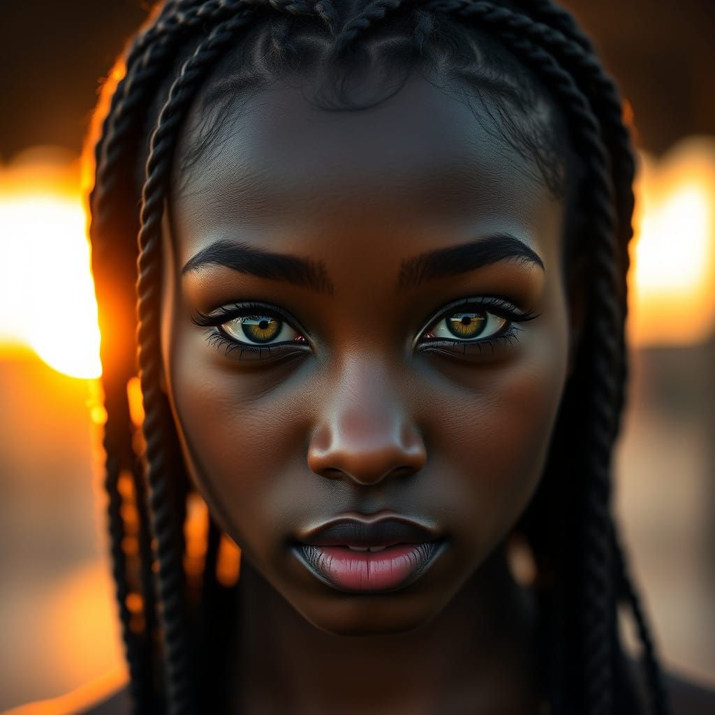 Elegant Young Woman in Sunset Glow, Realistic Digital Art Po...