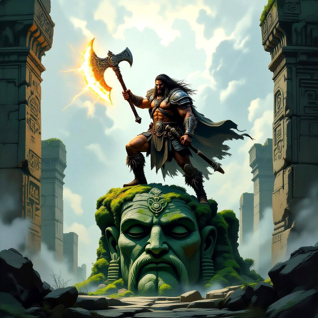 Barbarian Warrior on Cosmic Statue in Matte Painting Style
