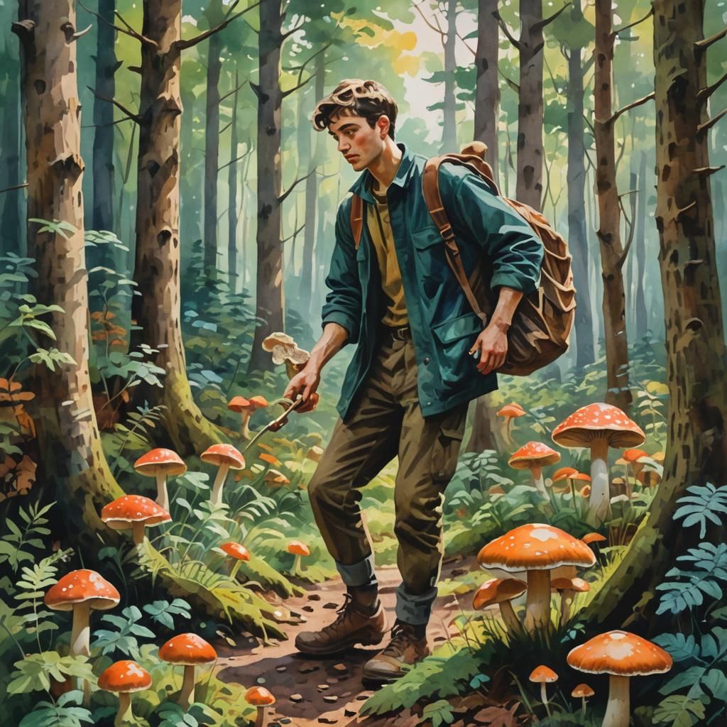 Mushroom Forager in Impressionist Gouache Style