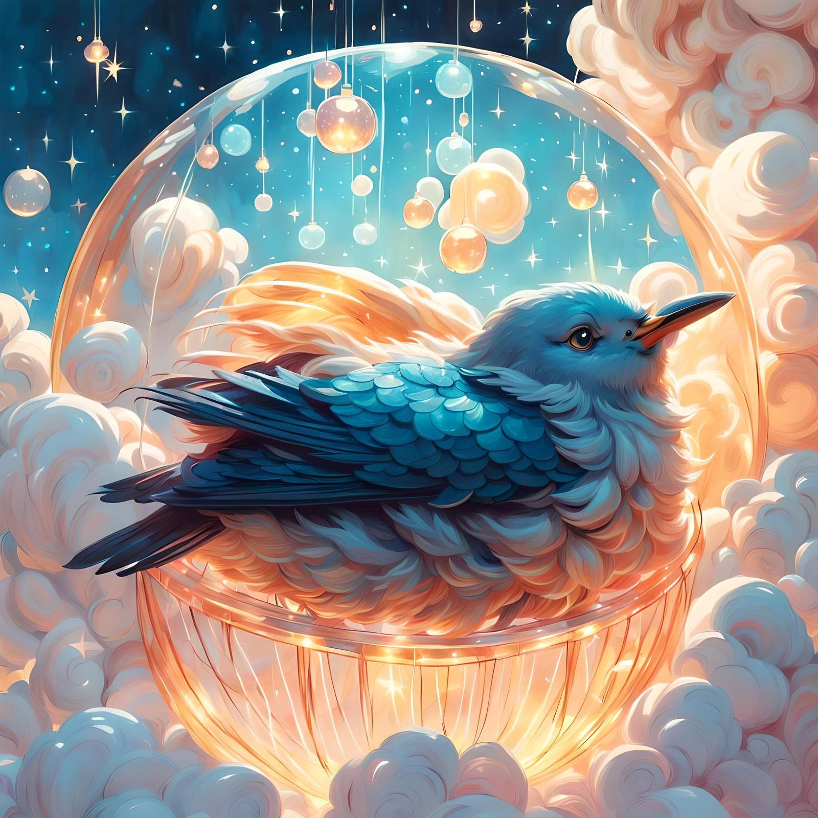 Jelly Bird Sleeping on Cloud in Digital Art Style