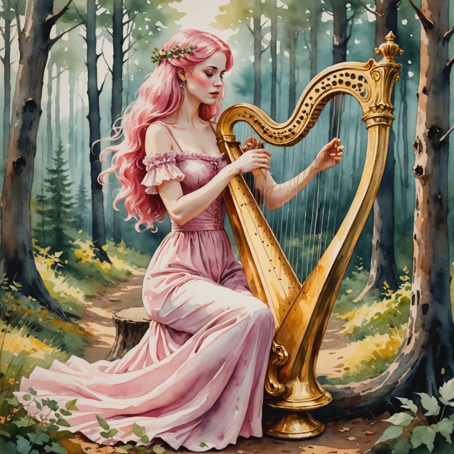 Enchanting Watercolor Scene of Harpist in Pink