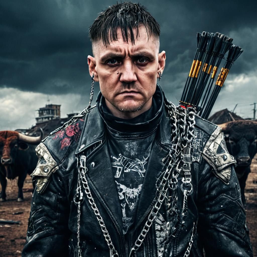 Cyberpunk Outlaw on Bull in Ravaged Village