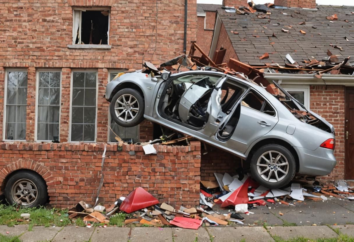 Car Crash: Red Car Through House Door