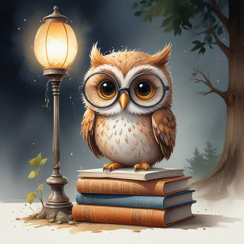 Chibi Owl Reading Under Lantern Tree, Painterly Whimsy