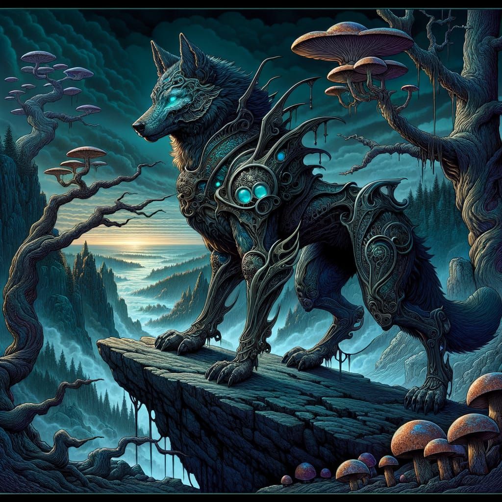 Armored Wolf Overlooks Misty Valley in Dark Fantasy Style
