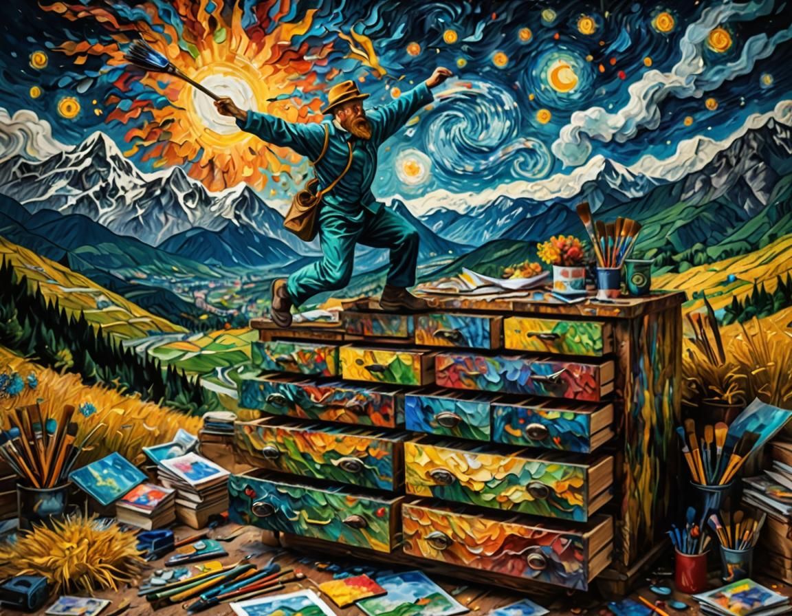 Van Gogh's Dresser Paints Mountains: Hyperrealistic Image