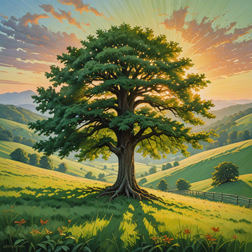 Idyllic Maple Tree Radiates Morning Glory in a Vibrant Pasto...