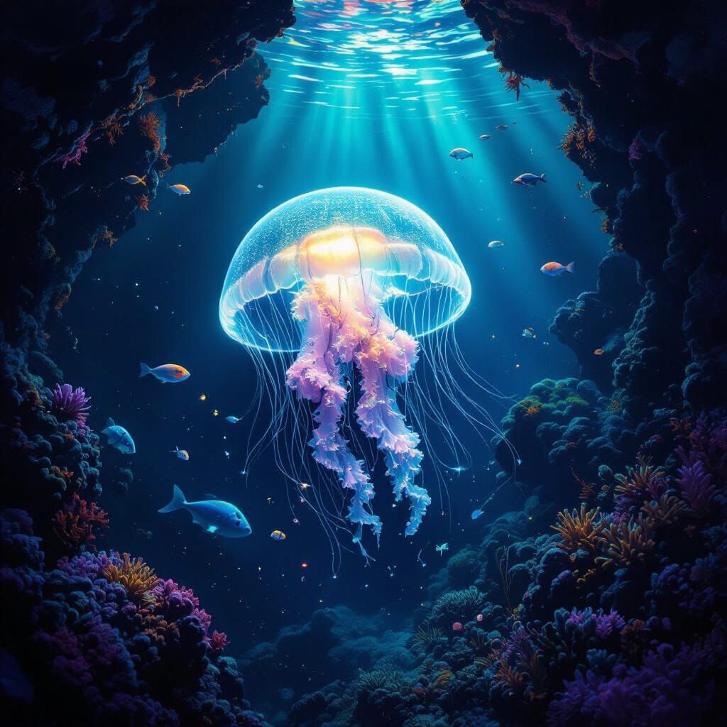 Bioluminescent Jellyfish Drifting in Deep-Sea Trench