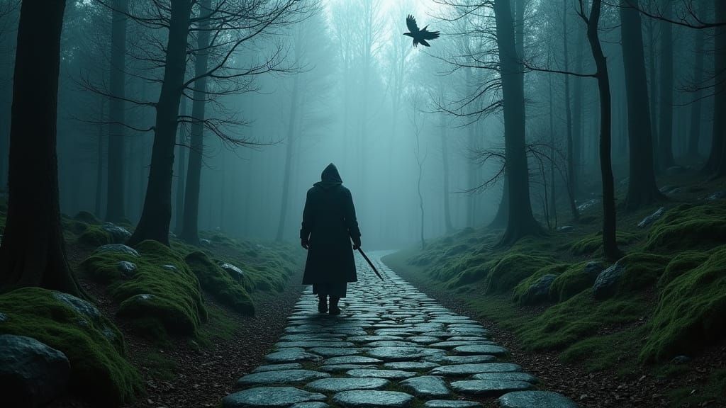 Ethereal Warrior Navigates the Shifting Shadows of a Misty N...