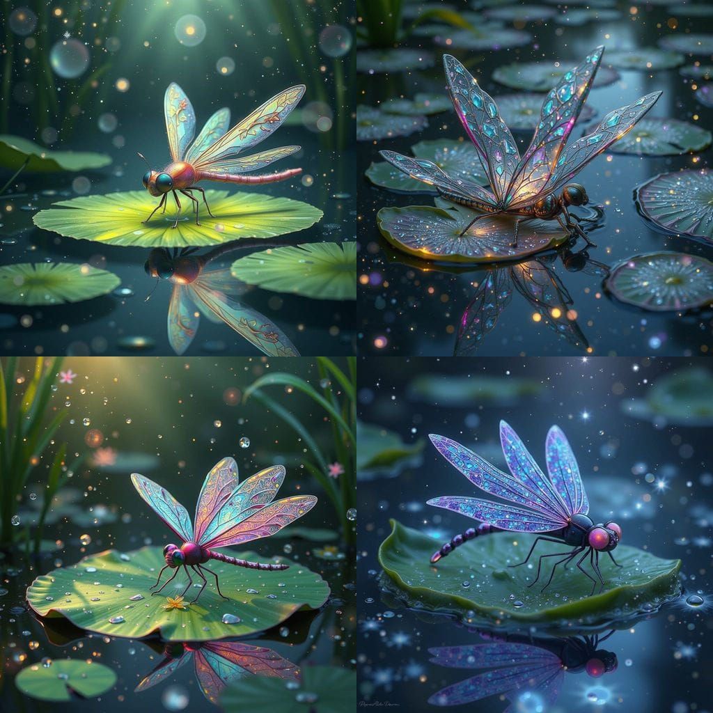 Illuminated Dragonfly on Lily Pad in Diamond Art Style