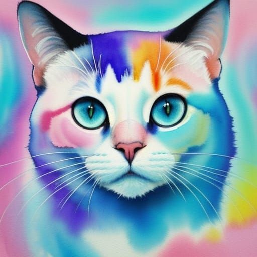 Dreamlike Cat Face in Watercolor Expressionism