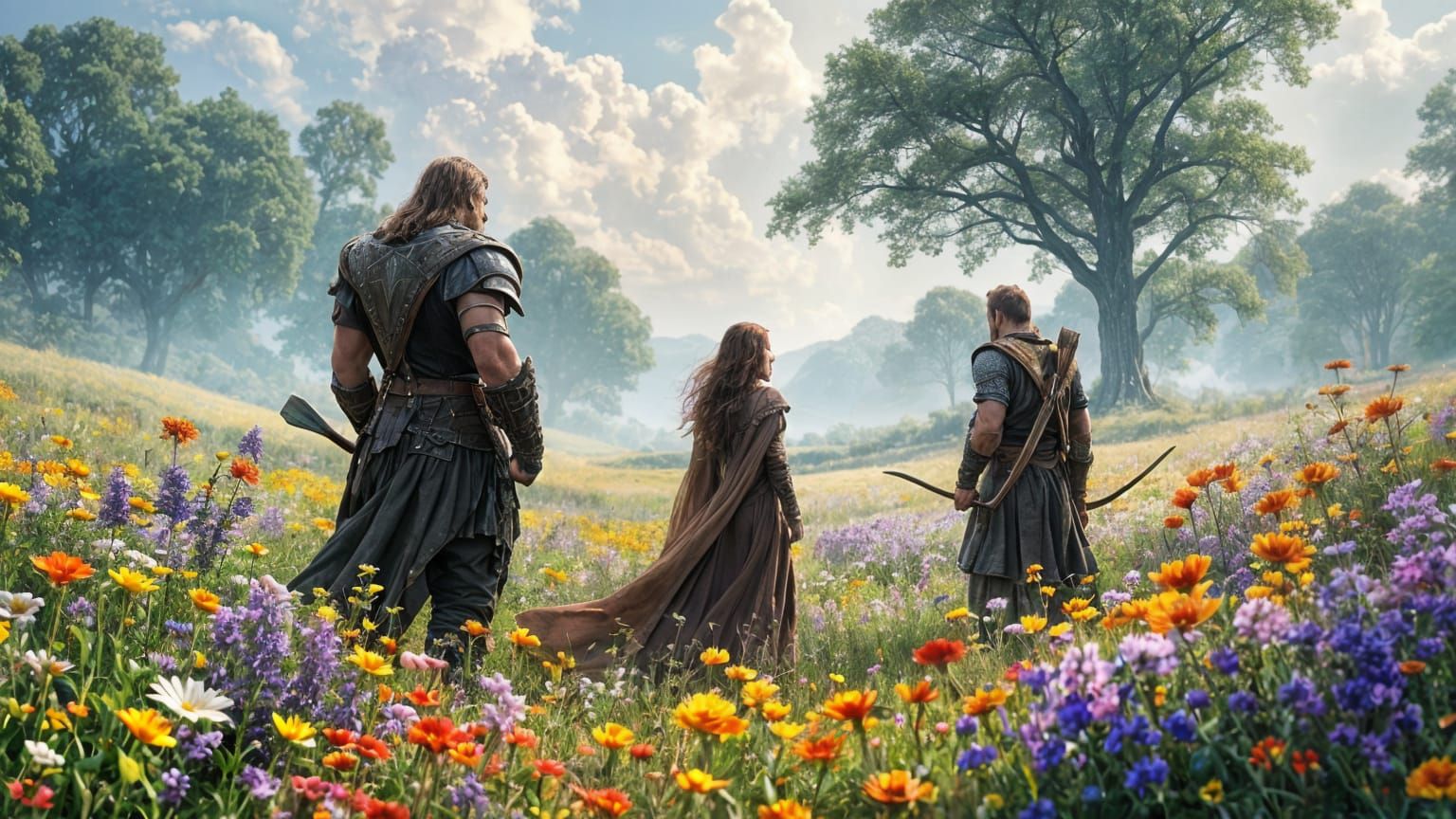 Ethereal Fantasy: Barbarian, Archer, and Mage in Flower Fiel...