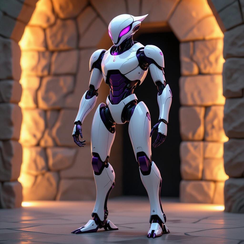 Futuristic Mantis Robot in Stone Chamber
