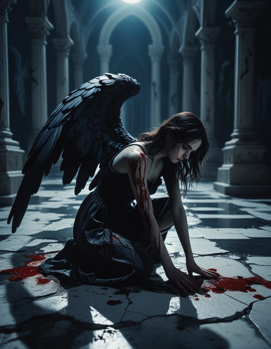 Fallen Angel Kneeling in Moonlight: Gothic Oil Painting