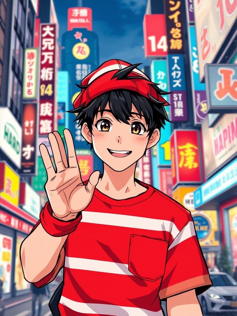 Vibrant Anime Young Man Waving in City Street with Neon Ligh...