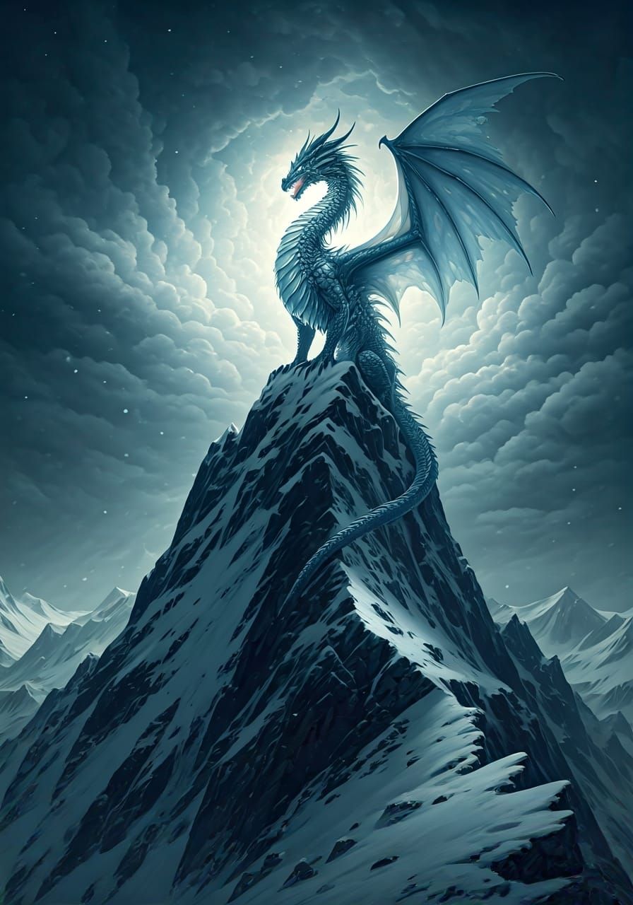 Majestic Ice Dragon on Snowy Mountain Peak