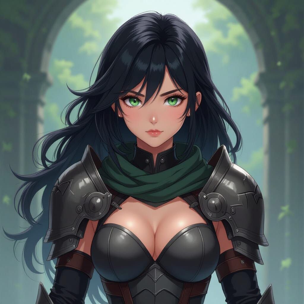 Agile Warrior Woman in Dark Armor, Manga Style