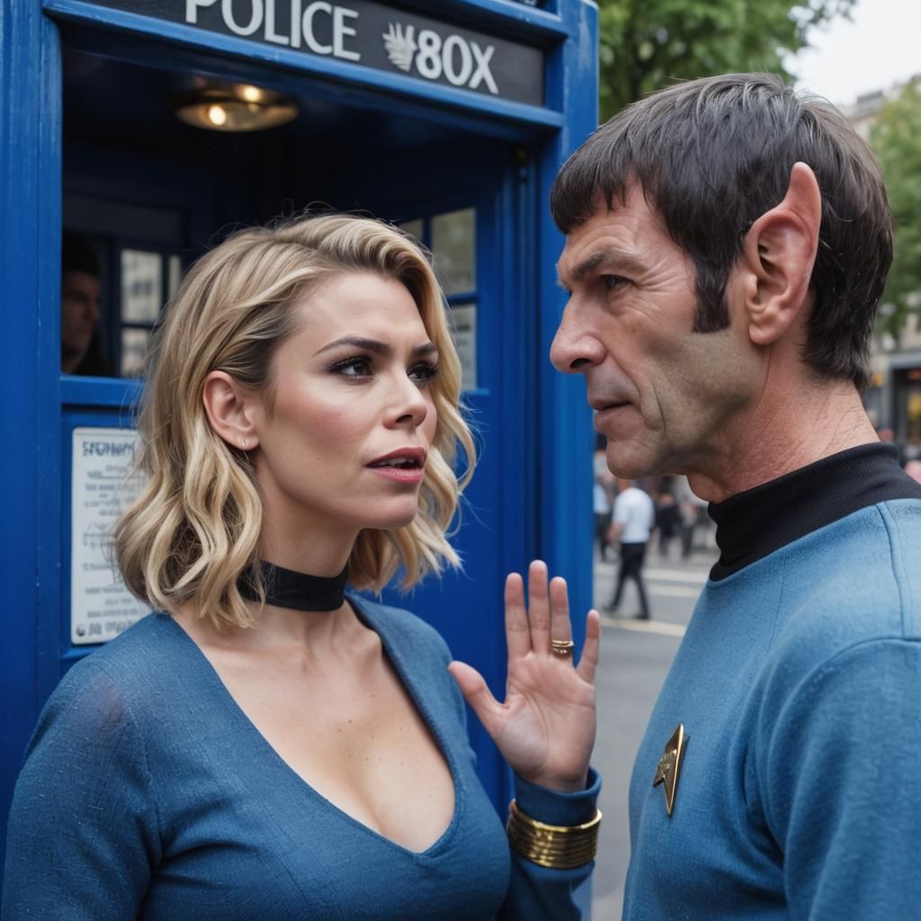 Billie Piper and Spock Chatting By a Police Box
