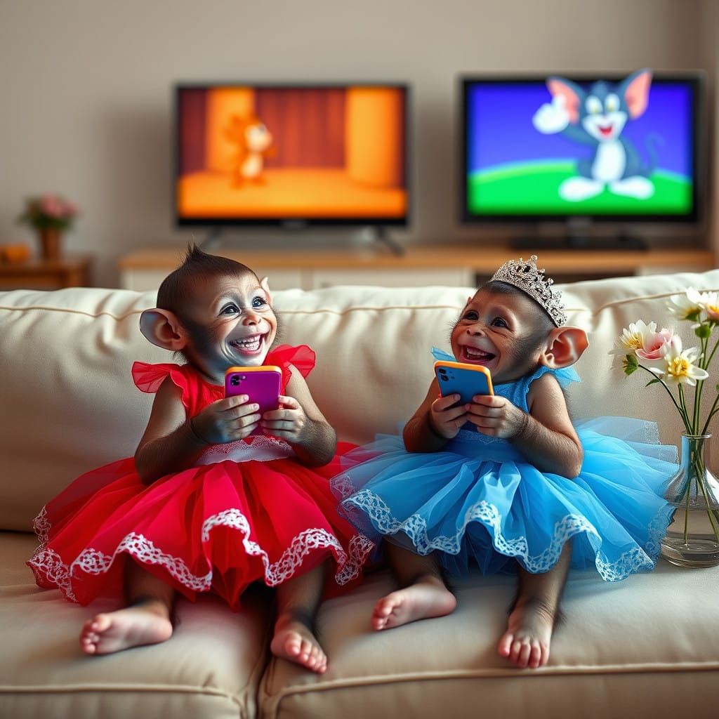 Adorable Baby Monkeys Enjoy Cartoon Time on Plush Couch